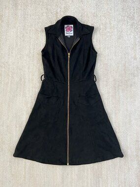 Lesley Evers Faux Suede Zip Front Black Sleeveless Dress XS